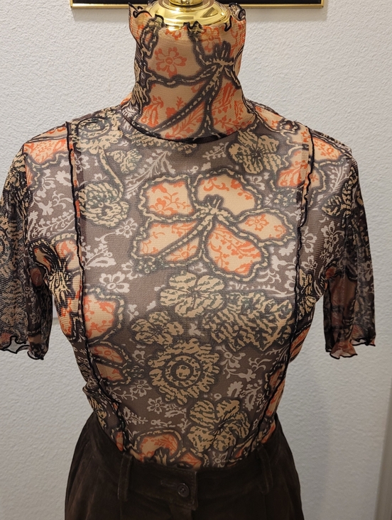 Hiroko Bis Tops - HIROKO BIS Hiroko Koshino Mesh Mock Neck Top Floral Print Japan Designer 9 Small